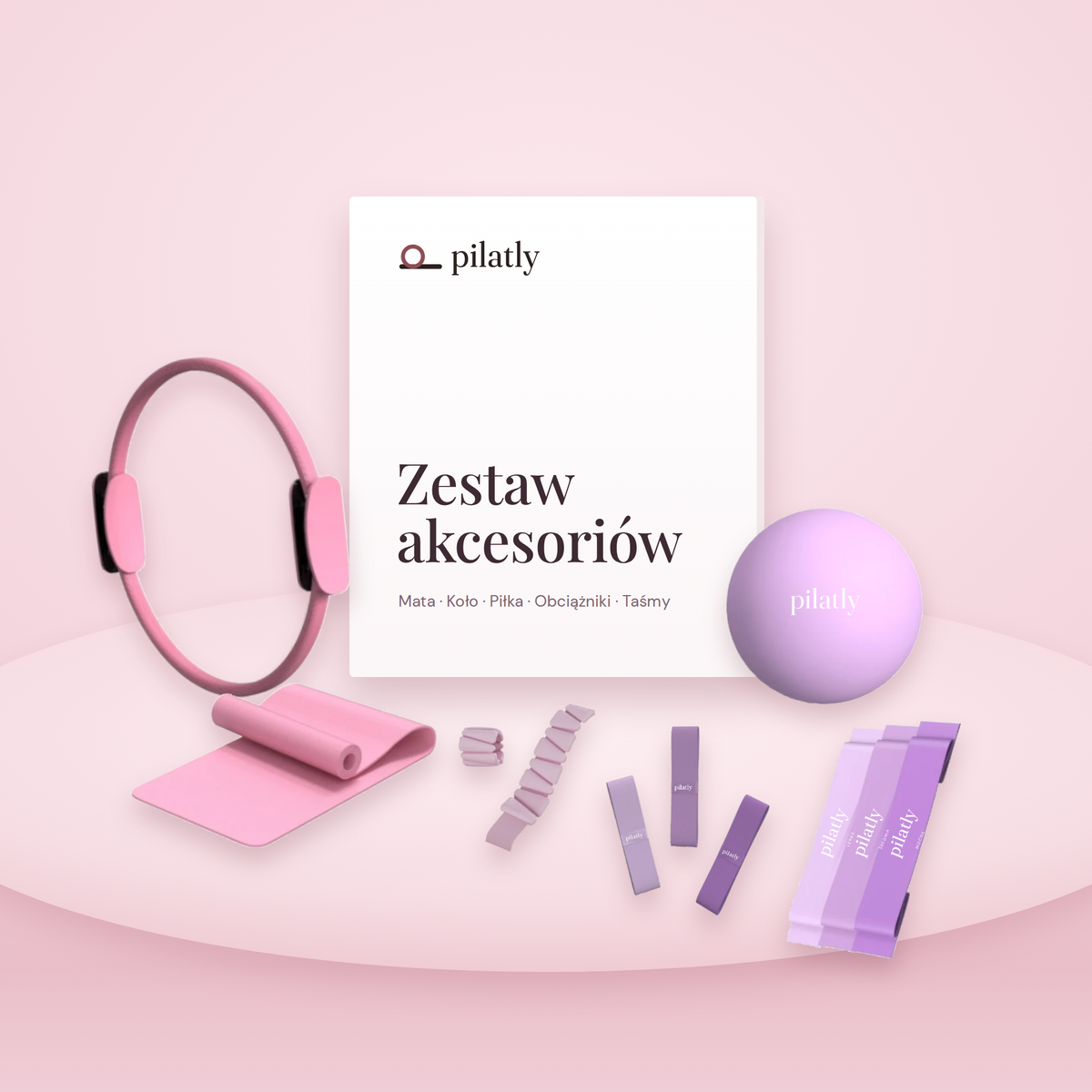 Zestaw akcesoriów Pilatly: pudełko, mata, koło, piłka, obciążniki i taśmy